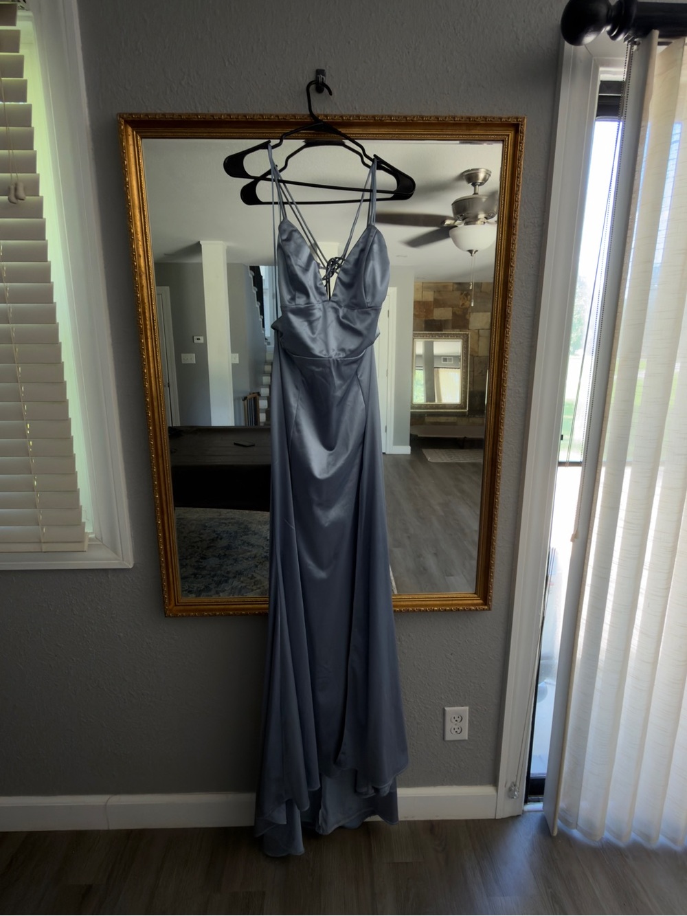 Satin Strappy Prom Gown in Steel Blue
